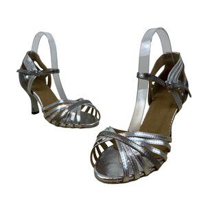 Handcrafted Women’s Silver Adjustable Ankle Strap Open Toe Dance Heels Size 8